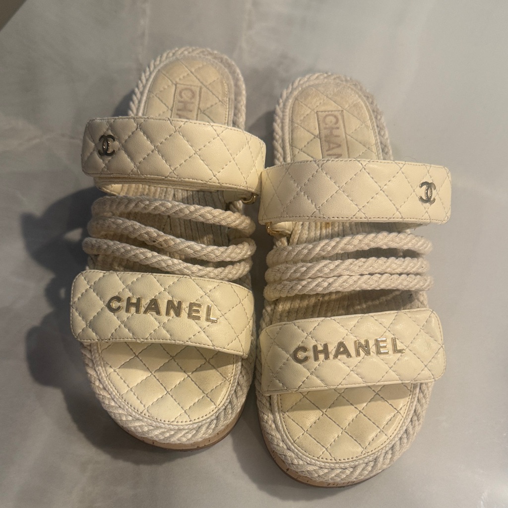 Chanel Cream Quilted Rope Strap Slide Sandals
